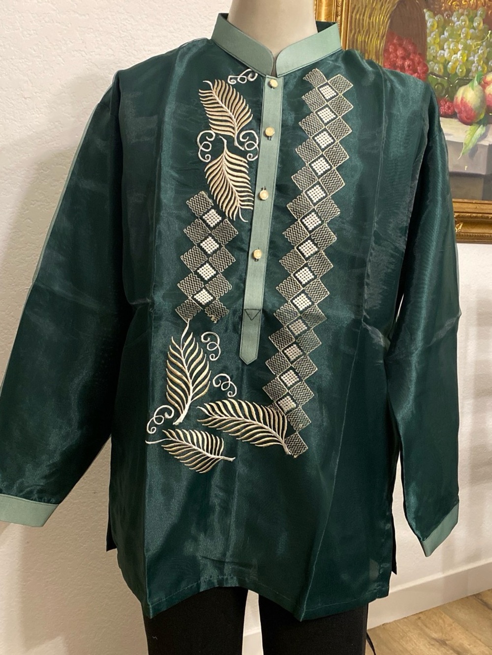 Men's Emerald Green Embroidered Barong Tagalog Shirt